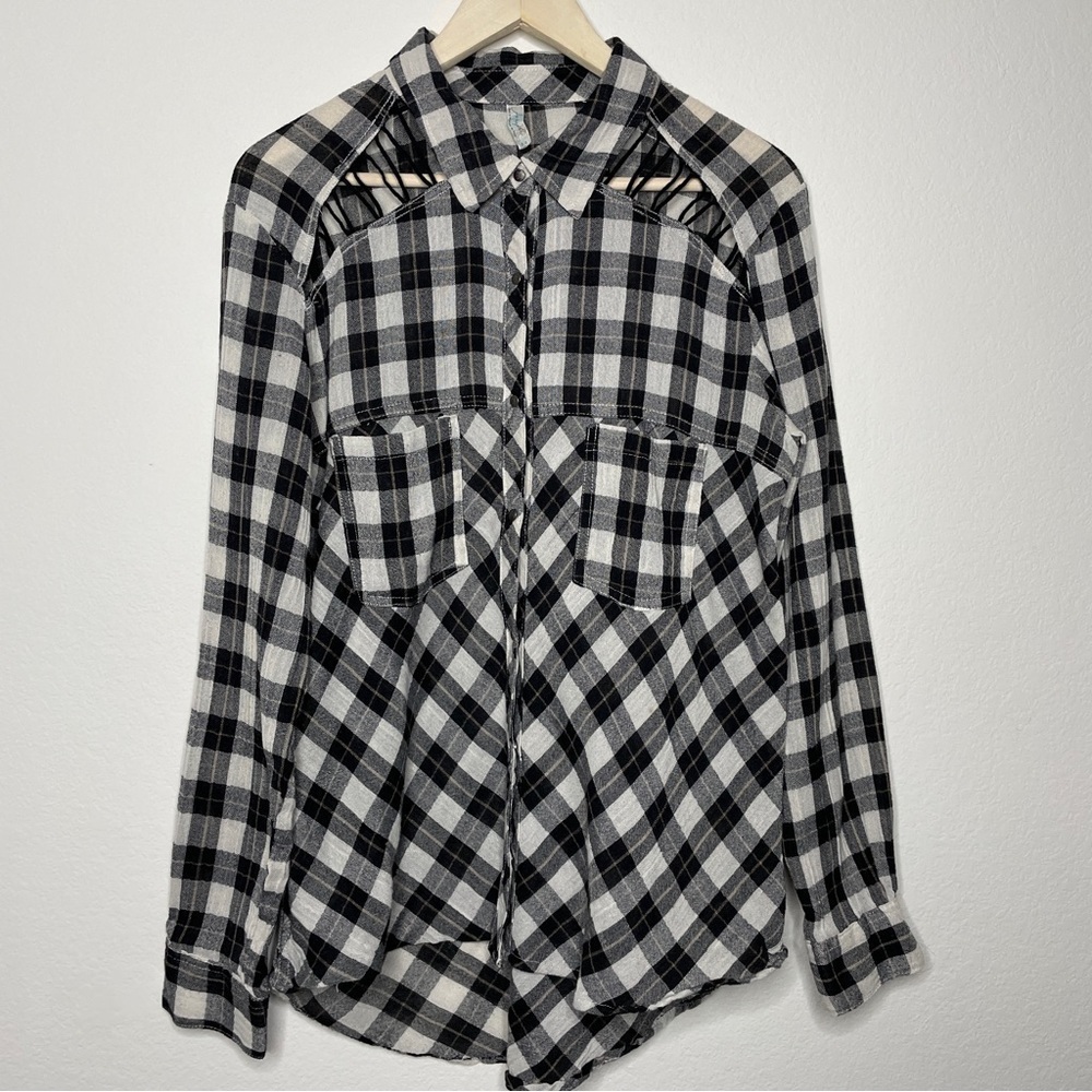 Free People Gauzy Plaid Lace Up Button Down Shirt